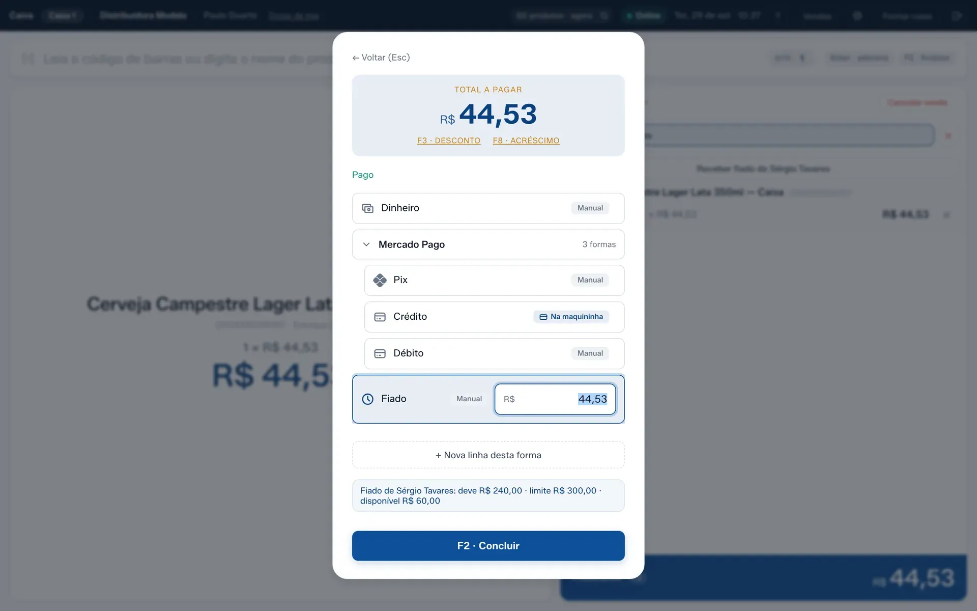 A tela de pagamento com a linha do Fiado e o quadro do cliente: deve, limite e disponível.