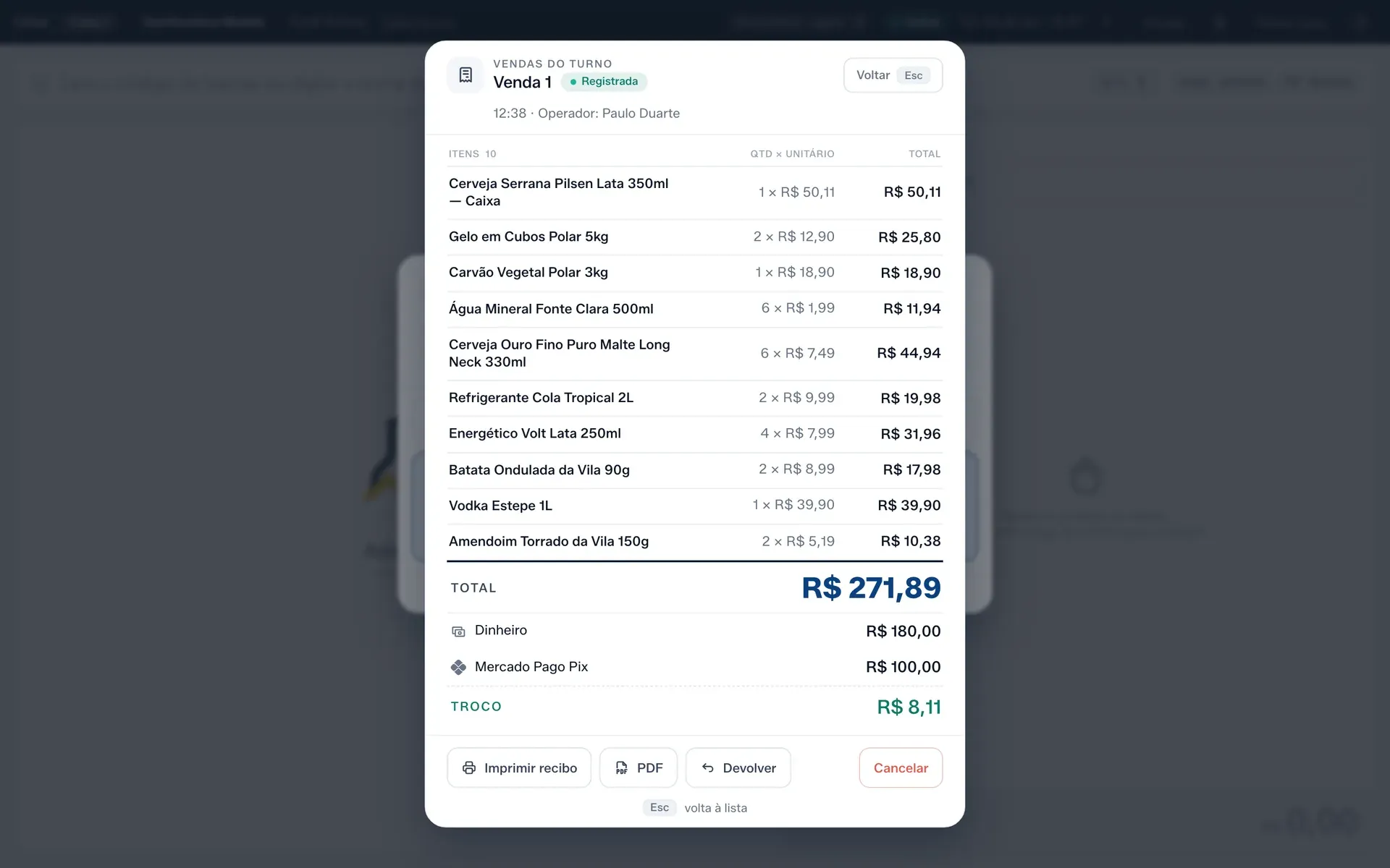 O recibo da venda com os itens, as formas de pagamento e o troco.