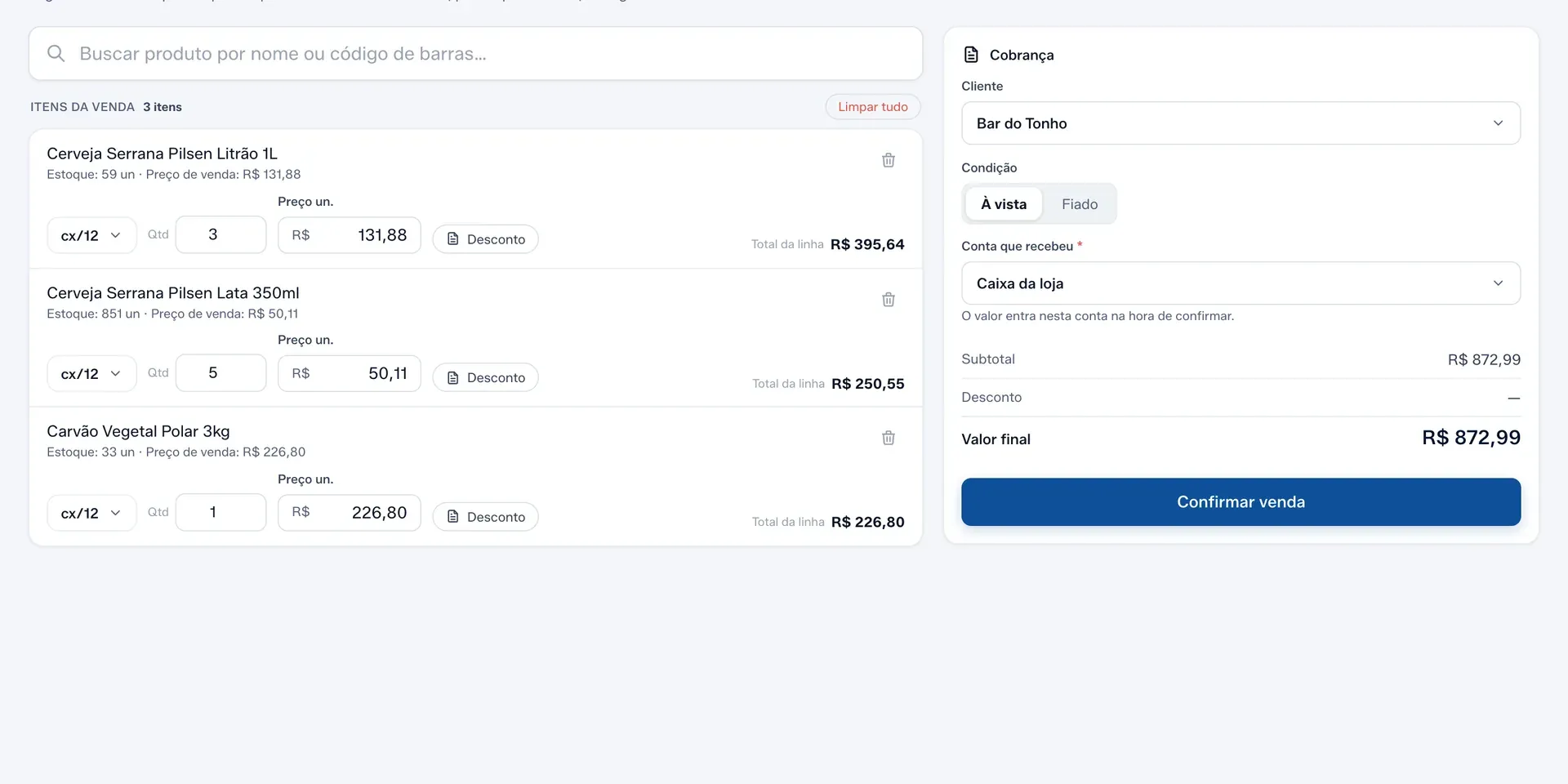 A venda pela Gestão, com os itens, o cliente e a conta que recebeu.