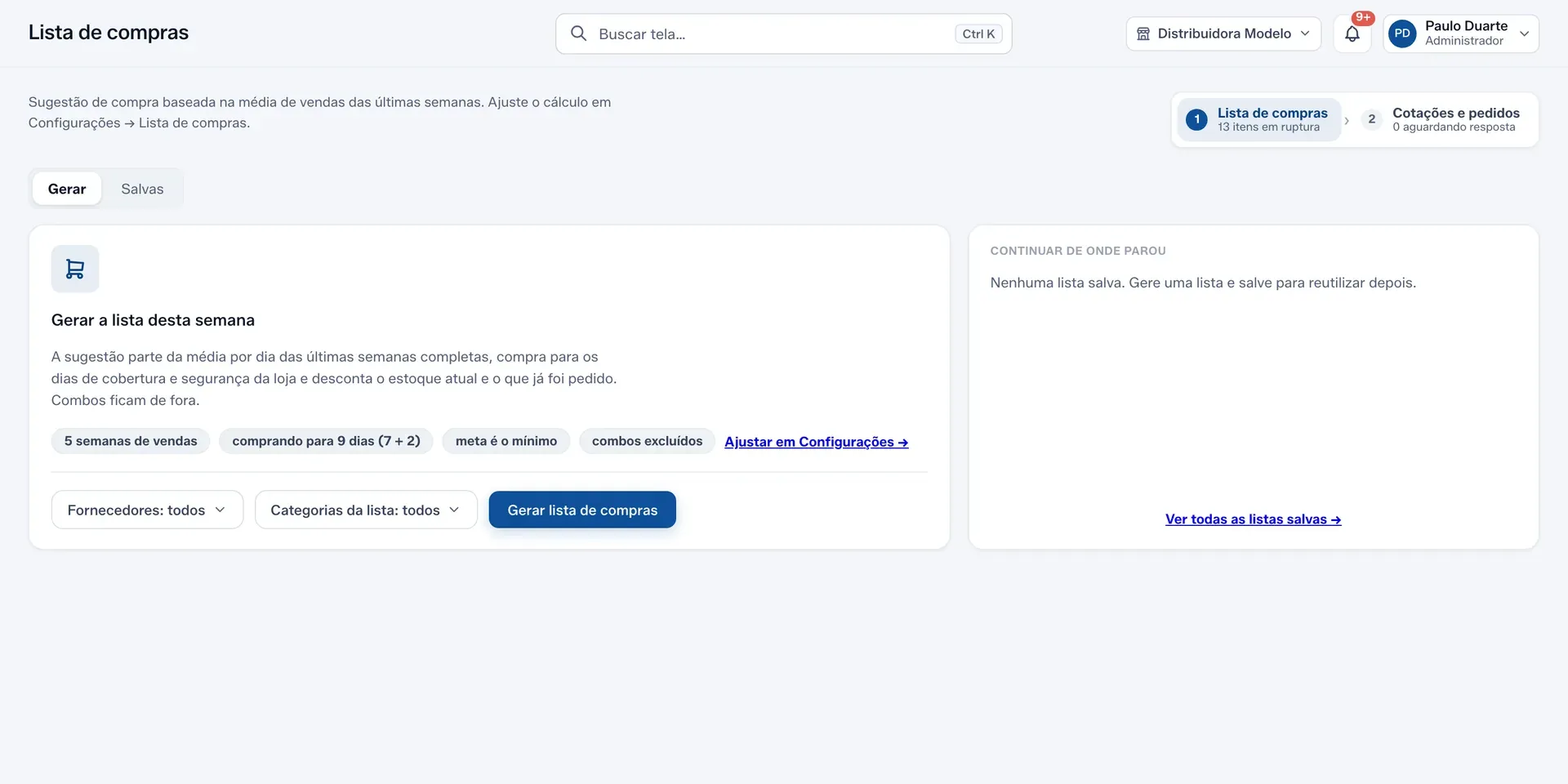 A tela Lista de compras, com a barra do fluxo no topo, da lista para Cotações e pedidos.