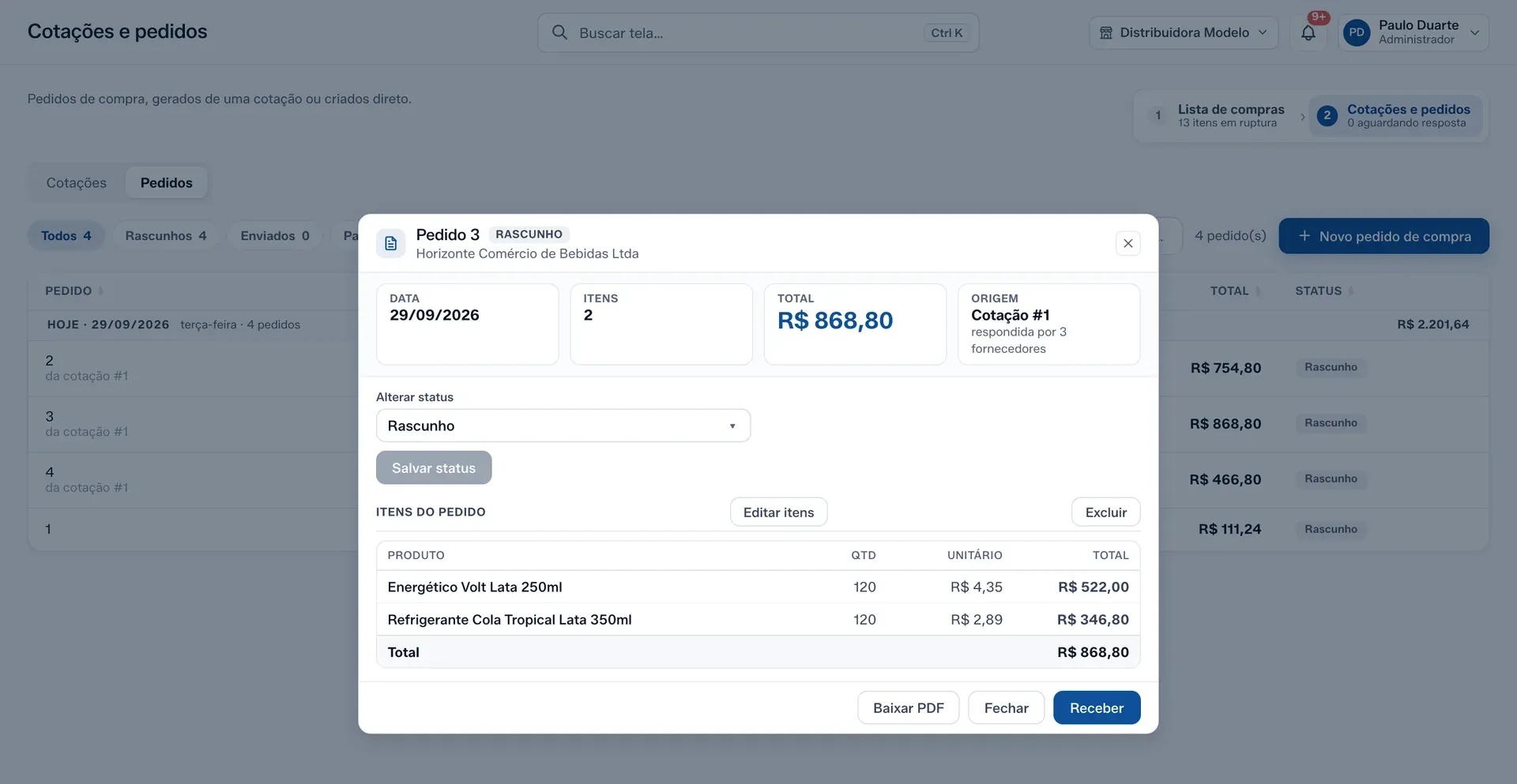O detalhe de um pedido, com o botão PDF e o botão Receber no rodapé.
