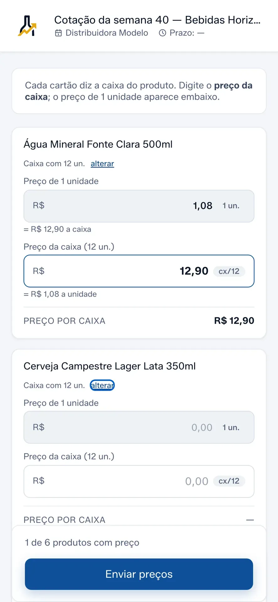 O portal do fornecedor no celular, com os campos “Preço de 1 unidade” e “Preço da caixa”.