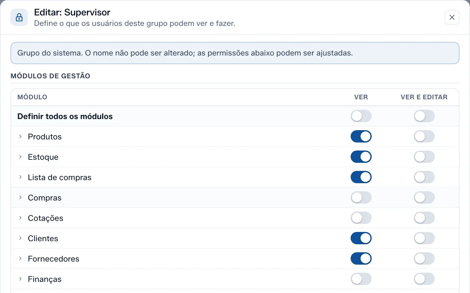 O editor de Grupos de acesso, com os módulos e as opções “Ver” e “Ver e editar”.