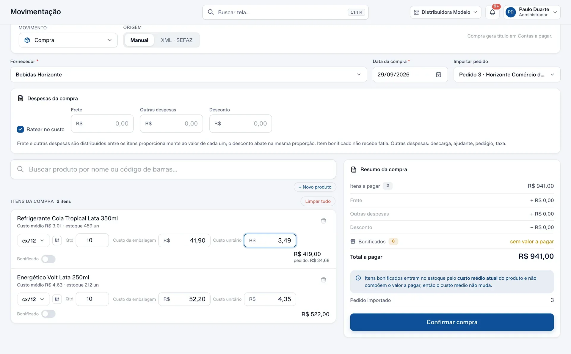 A compra manual com o pedido importado e o aviso de custo diferente numa linha.
