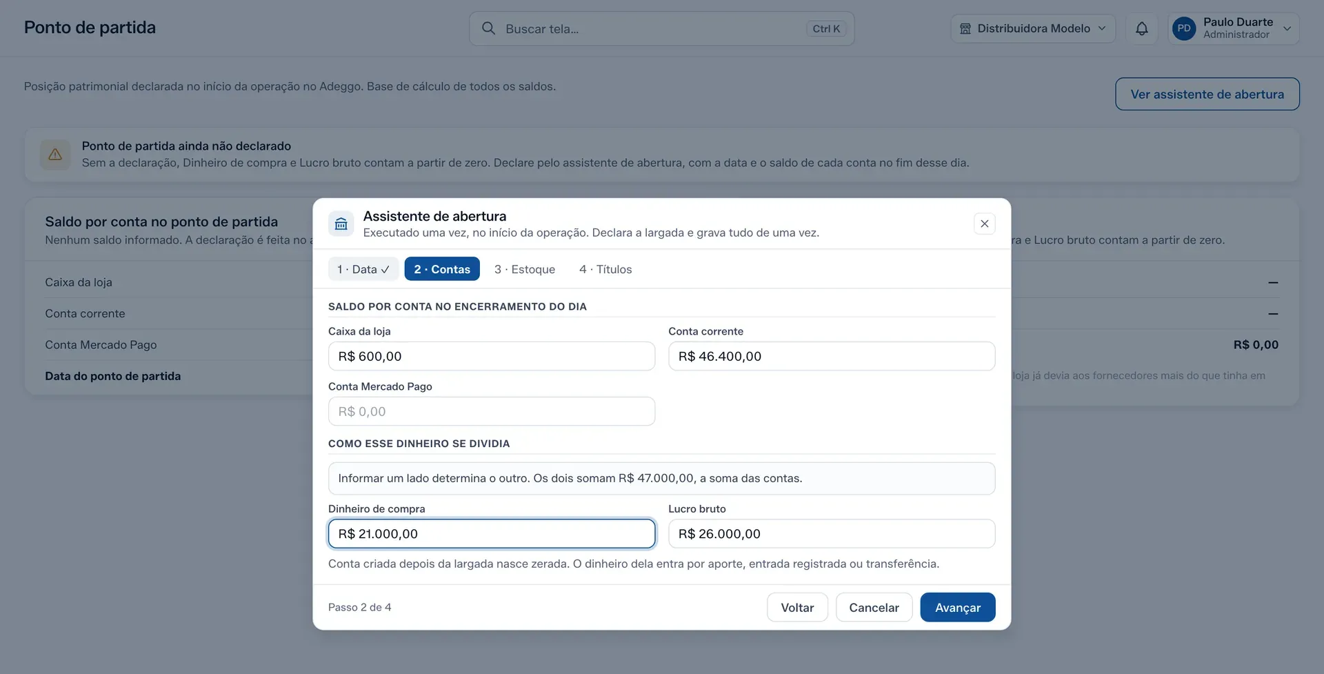 O assistente de abertura, no passo Contas.
