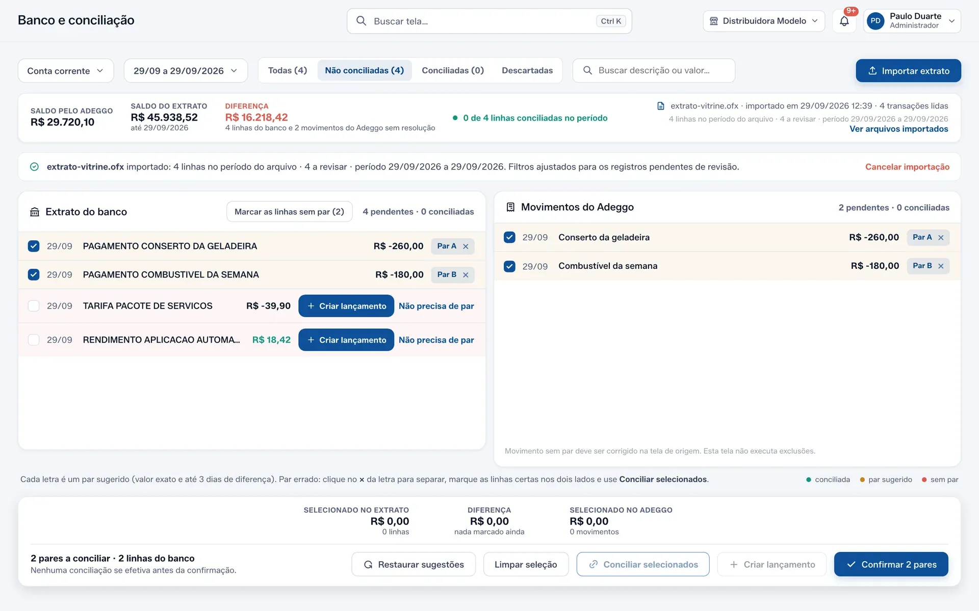 A tela Banco e conciliação, com o extrato e os movimentos lado a lado e as etiquetas de par A e B.