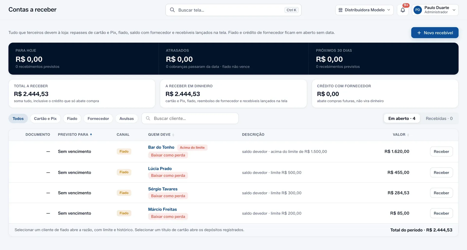 Contas a receber, com as fichas Cartão e Pix, Fiado, Fornecedor e Avulsas.